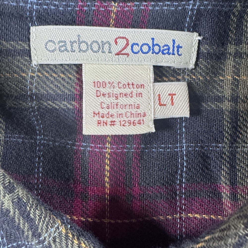 Carbon2Cobalt Flannel‎ Button Up Shirt Men's L Tall Navy Maroon Plaid Outdoors - Picture 2 of 7